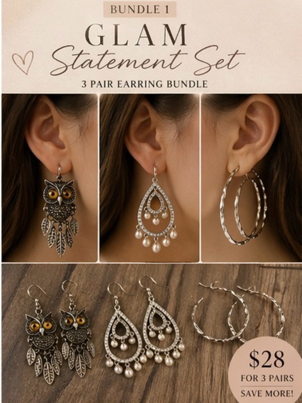 3 Pair Glam Earring Bundle | Statement & Pearl & Hoop Set | Boutique Jewelry